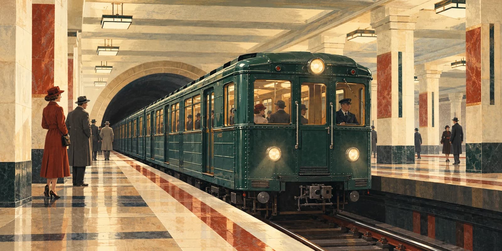 Художественная иллюстрация: поезд и станция московского метро в стилистике 1930-х годов